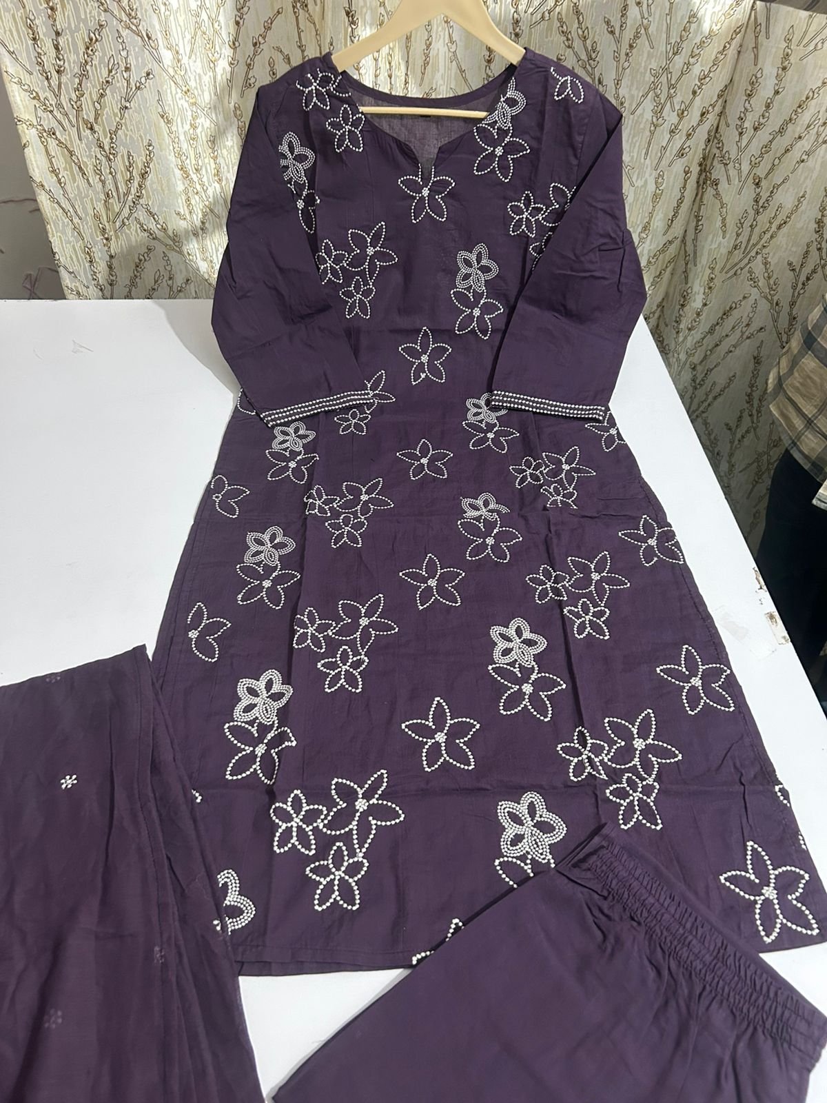 Purple Cotton Embroidered Khadi Suit Set
